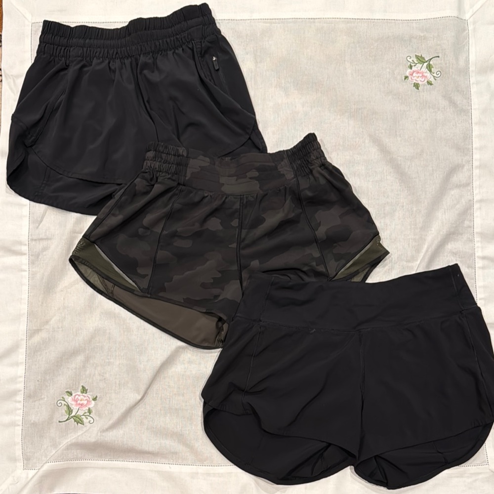 3-pack Lululemon Size 6 Women's Shorts (2 Black, 1 Camo/Mesh)